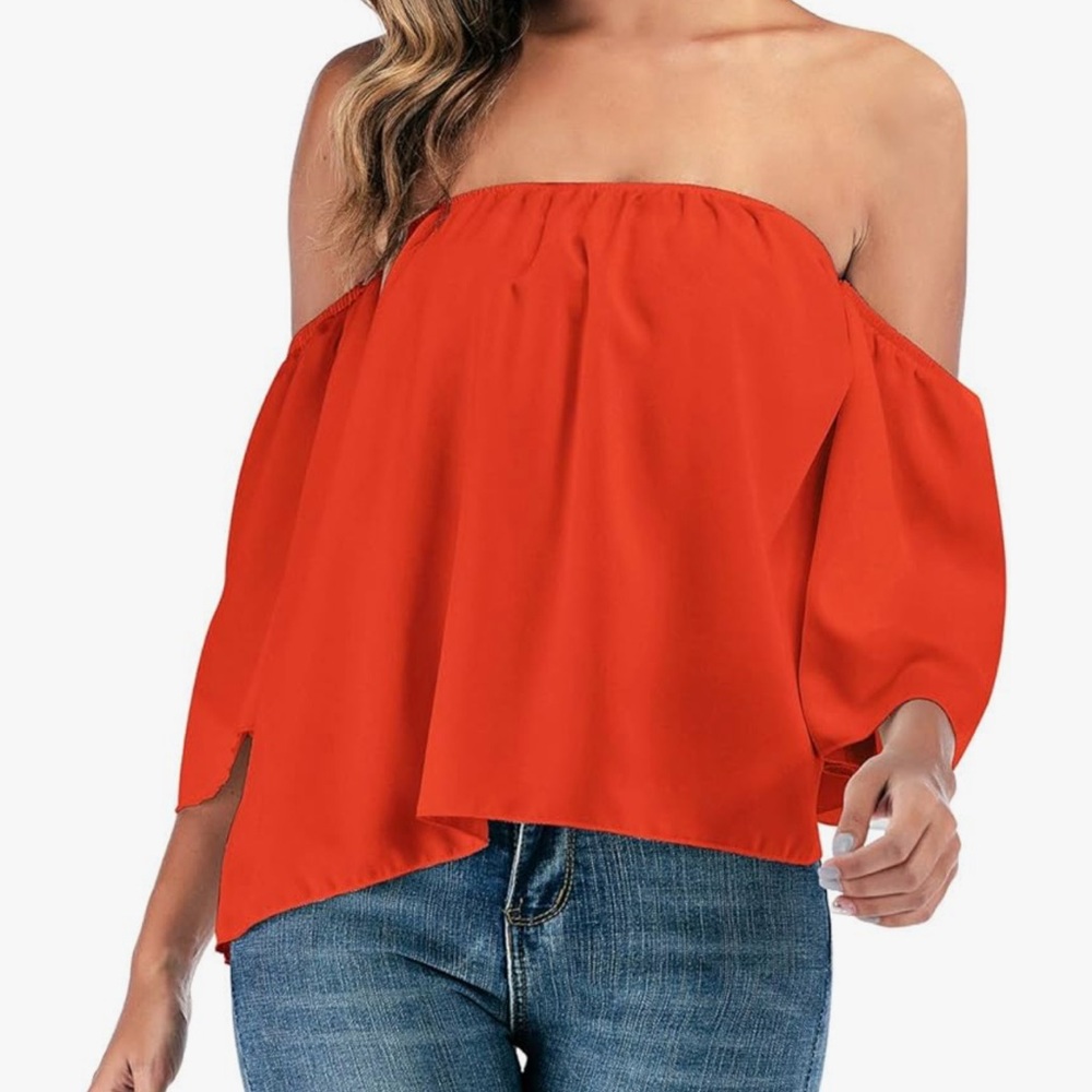 Orange Off-Shoulder Crop Blouse with Bell Sleeves